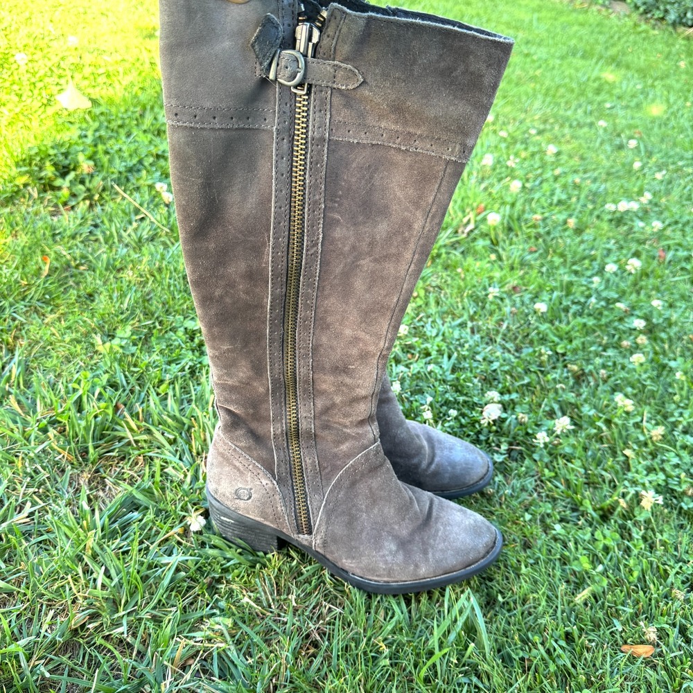 Born Poly Riding Boots Women's 7.5 M Peltro Distressed Suede Knee High Side Zip